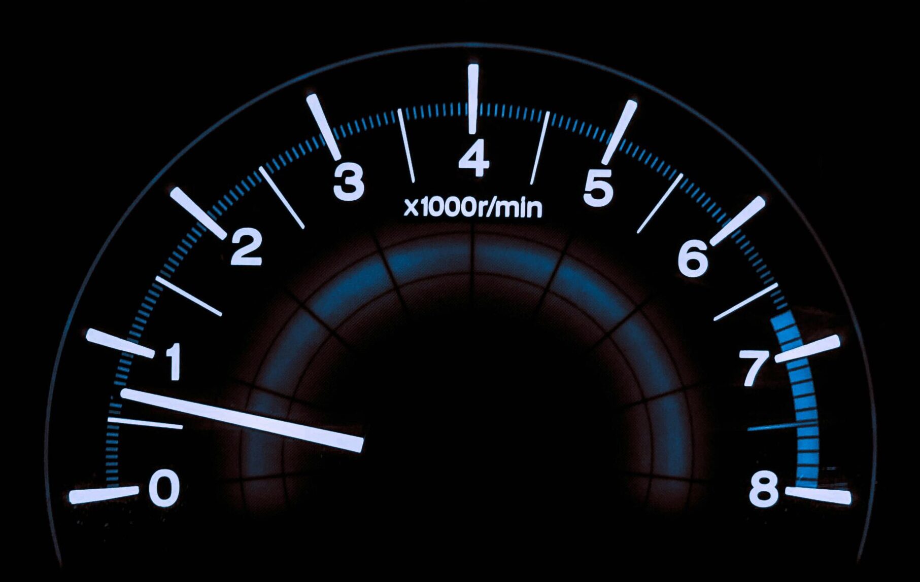 Tachometer with black background and contrasting markings