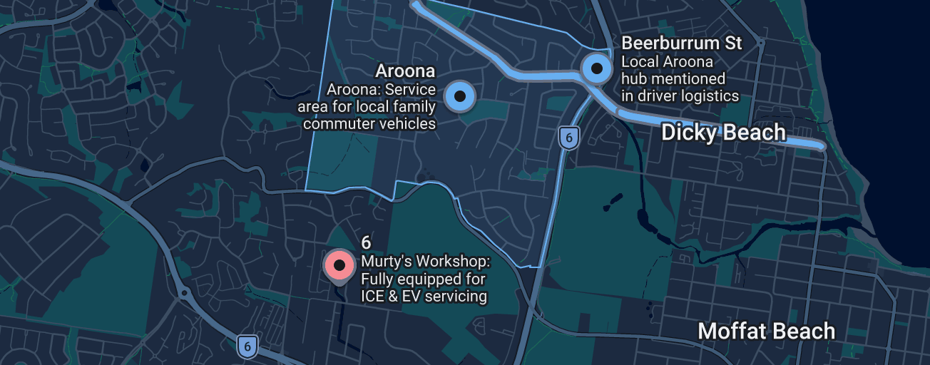 Map showing vehicle service routing from Aroona and Beerburrum Street to Murty's Auto and EV Centre workshop on Exeter Way in Caloundra West.