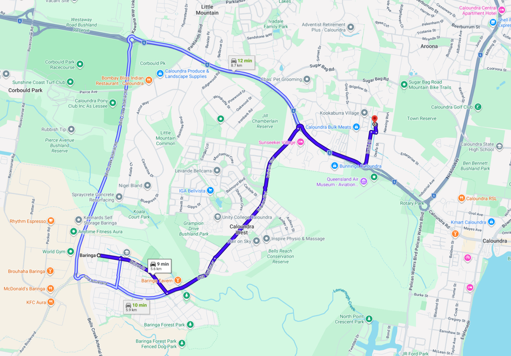 Google Map showing directions from Baringa to Murty's Auto & EV Centre
